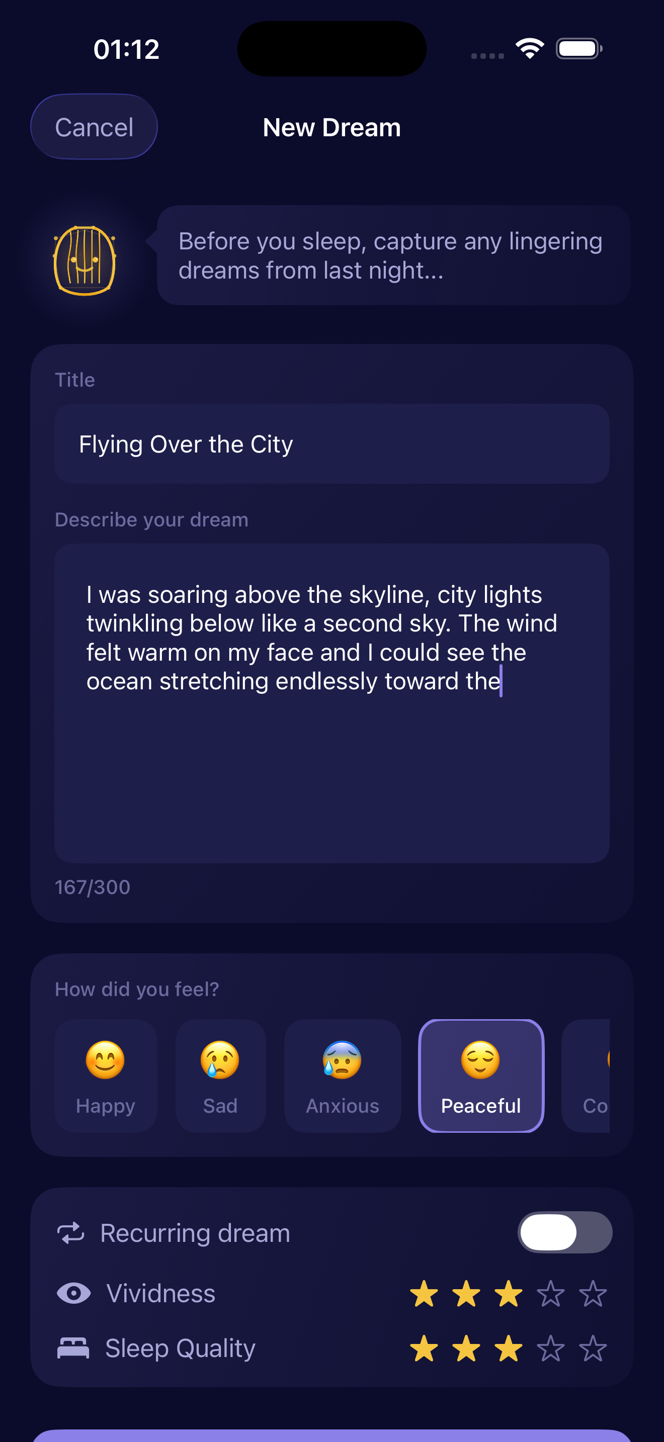 Recording a new dream in Morphea